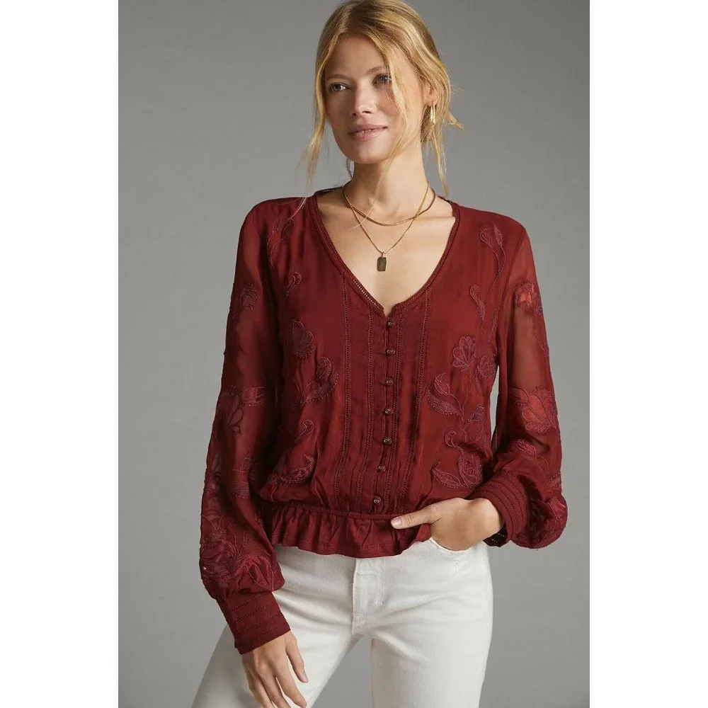 NWT Anthropologie Embroidered Floral Button Down Blouse XL $120 Crimson V-Neck
